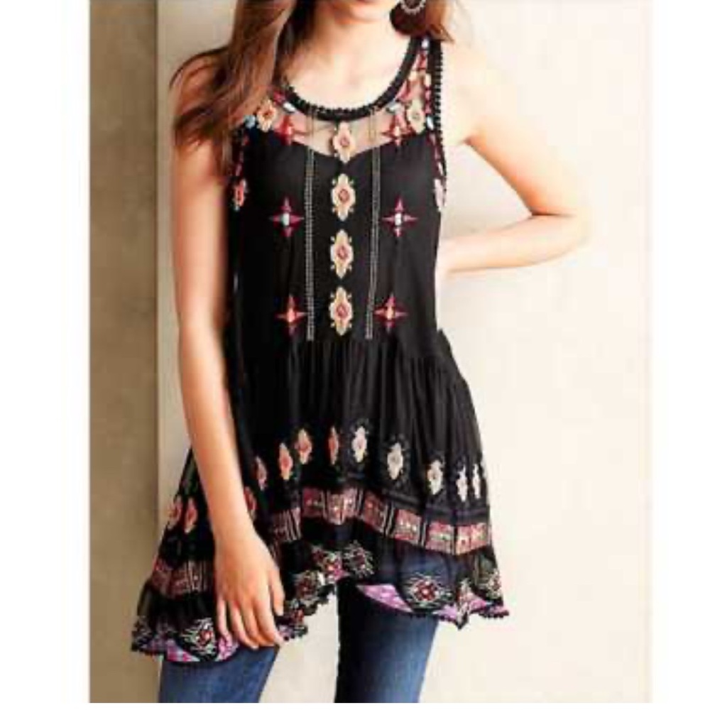 Anthropologie HD in Paris Black and Pink Embroidered Tunic